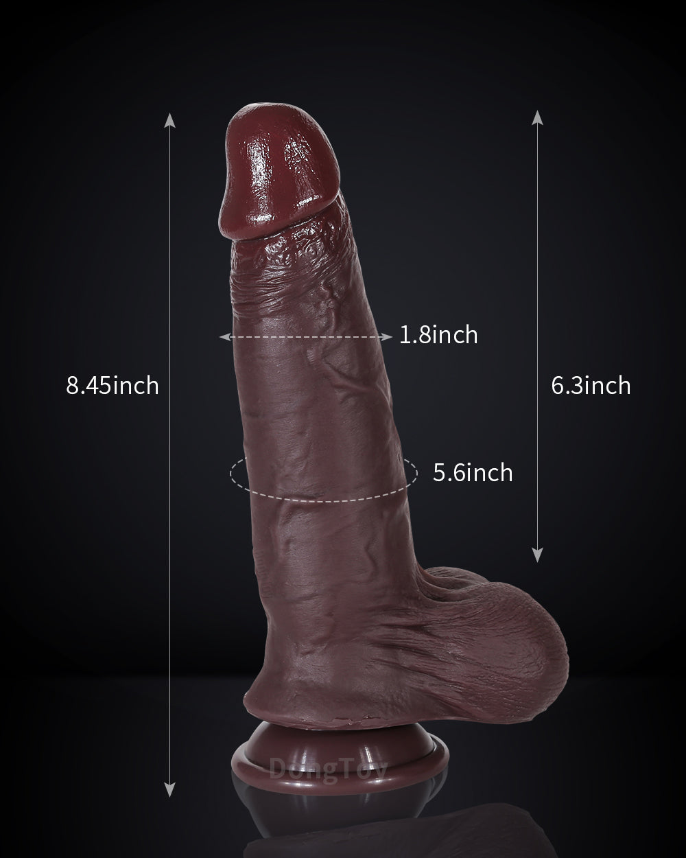 Size chart of black realistic dildo: 8.4" total length, 6.3" insertable length, 1.8" diameter.